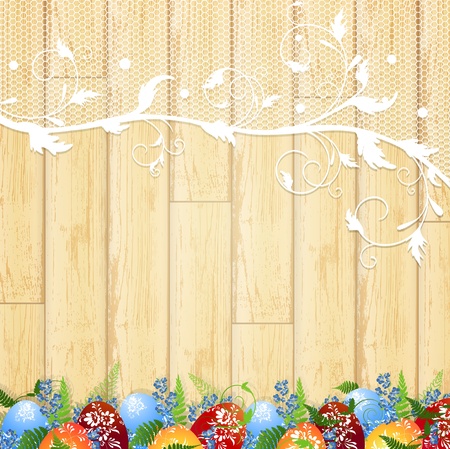 Easter wooden background with lace frame, eggs and forget-me-not flowersのイラスト素材