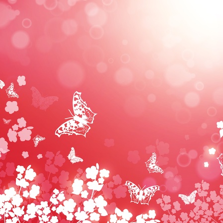 Spring or summer background with butterflies and flowers silhouette, copyspace for your textのイラスト素材
