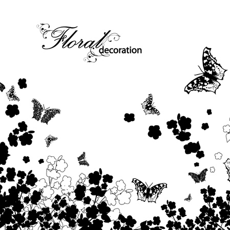 Spring or summer theme in black and white with butterflies and flowers silhouetteのイラスト素材