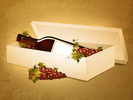 Illustration of red wine bottle in box with grape over grunge backgroundのイラスト素材