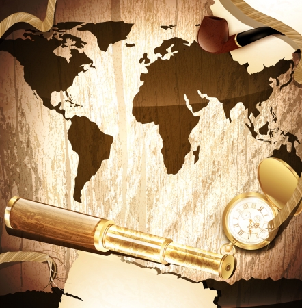travelling background with antique brass telescope, rope, vintage pocket watch and pipe at world map wooden backgroundのイラスト素材