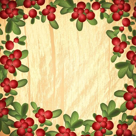 Cranberries With Green Leaves Over Wooden Backgroundのイラスト素材