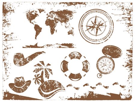 Grunge Vintage Travel Elements and Tools Over Whiteのイラスト素材