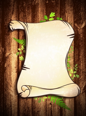 Old Paper With Green Leaves at The Natural Dark Wooden Backgroundのイラスト素材