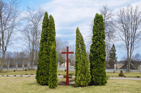 Wooden Cross In The Yard Of Juzefova Roman Catholic Church. Vecpils. Latvia.