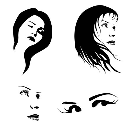 Abstract Women Face Silhouettes Set In Black and Whiteのイラスト素材