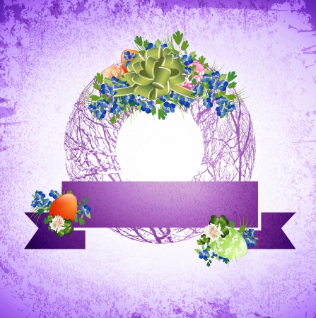 Vintage Easter Decorative Wreath With Eggs and Flowers Over Grunge Background, Copyspace のイラスト素材