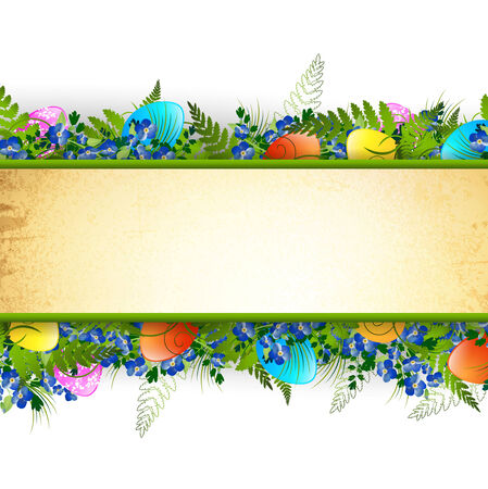 Easter Decorative Frame With Colored Eggs, Flowers and Grassのイラスト素材