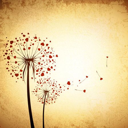 St.Valentine Day Love Dandelions With Red Hearts Grunge Vintage Backgroundのイラスト素材