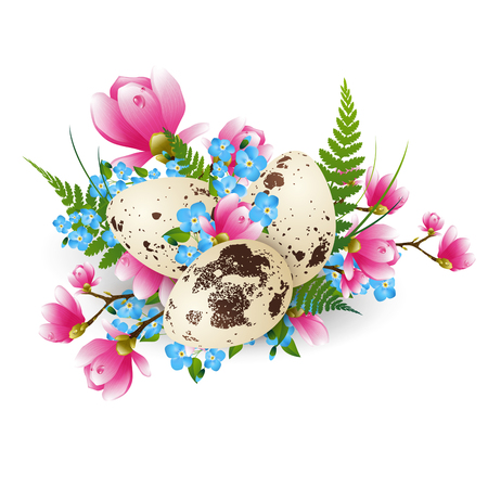 Illustration of Easter Quail Eggs Decorated With Fern and Flowers Over Whiteのイラスト素材