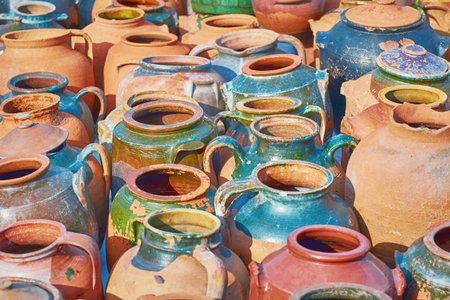 A Lot of Earthenware Crockery on the Pottery Market