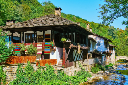 Bulgarian Houses on the Bank of a Small Riverの写真素材