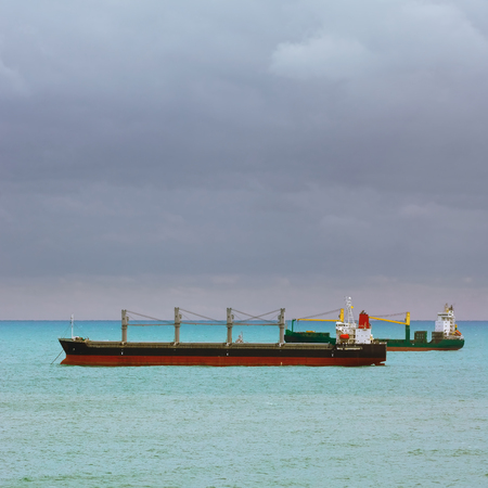 Dry Cargo Ships at Anchorage in the Black Sea Bayの写真素材