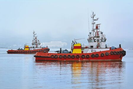 Two Tugboats Working in the Port Aquatoriumの写真素材