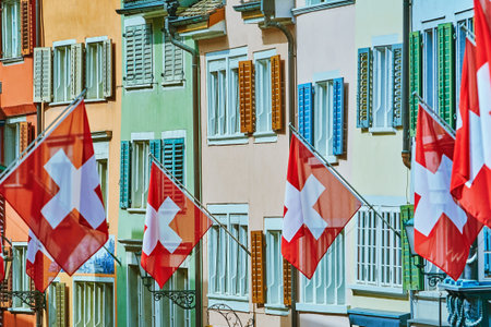 Flags of Switzerland in Zurichの写真素材