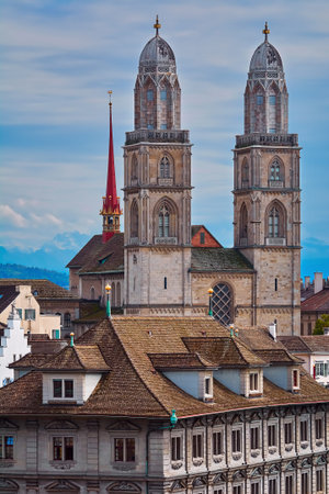 View of Zurich with Grossmunster Protestant Church, Switzerlandの写真素材