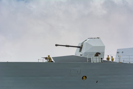 VARNA, BULGARIA - April 29, 2017: 4.5 inch Mark 8 Naval Gun System on the Board of HMS Daring,...