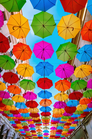 Umbrella street (Alba Iulia street) in Timisoara, Romaniaの写真素材