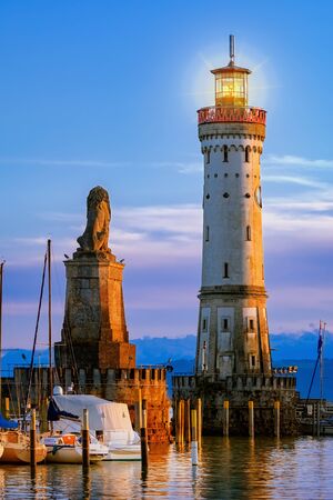 Lighthouse in harbour entrance of Lindau. Bavaria, Germanyの写真素材
