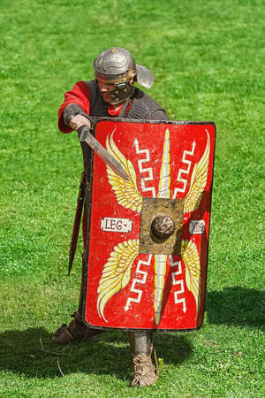 Alba Iulia, Romania - May 04, 2019: Roman Legionnaires of Legio XIII Gemina during the Festival Roman Apulumのeditorial素材