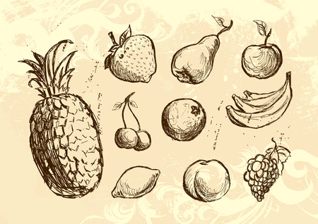 Fruit set, illustration in doodle styleのイラスト素材