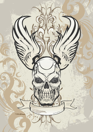 Winged skull on grunge backgroundのイラスト素材