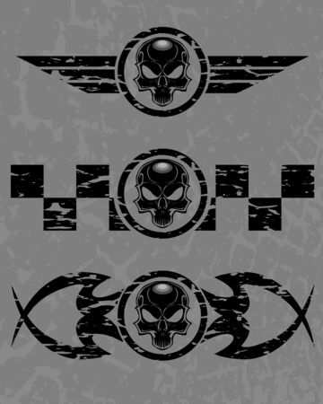 Set of dark skulls with decorative elements on grunge backgroundのイラスト素材