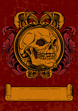 Illustration of the skull in retro style with ribbon, elements grunzhe and floral ornamentのイラスト素材
