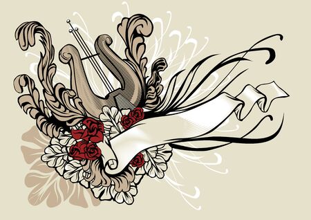 Decorative illustration of a harp with ribbon and floral ornamentのイラスト素材