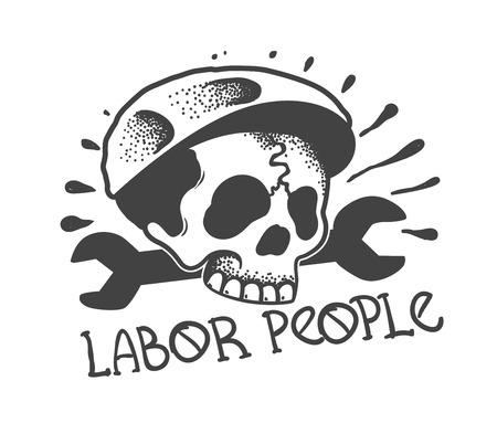 Skull worker with an instrument. In the style of a traditional tattoo.  Vector Illustrationのイラスト素材