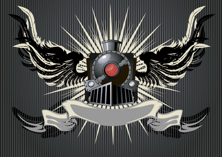 Winged locomotive. Dark poster with ribbon. Vector Illustration.のイラスト素材