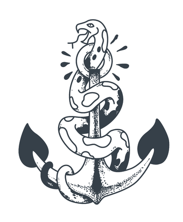 Snake sits on an anchor illustration in the style of a traditional tattoo. Vector Illustrationのイラスト素材