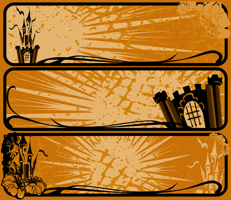 Fairy banners with flowers and a castle. Vector illustrationのイラスト素材