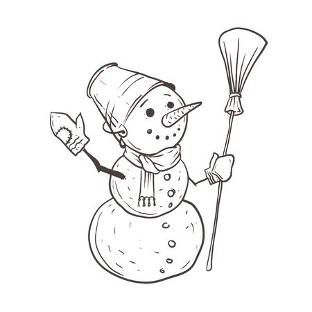 A sketch of a snowman with a bucket on his head and a broom in his hand. Vector illustration.のイラスト素材