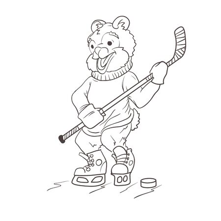Bear hockey player. Coloring page. Vector illustration.のイラスト素材