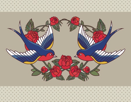 Old school frame with roses and birdsのイラスト素材