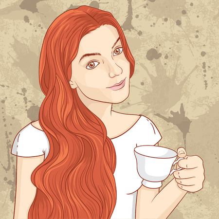 Cute retro girl with cup of coffee or teaのイラスト素材