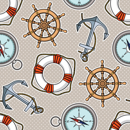 Vector set with isolated anchor, lifebuoy, ship\'s wheel, compass. Black and whiteのイラスト素材