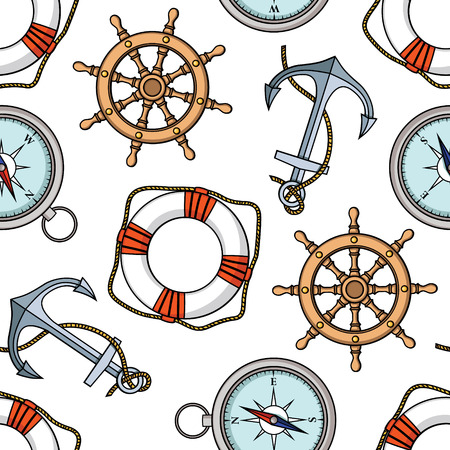 Vector set with isolated anchor, lifebuoy, ship\'s wheel, compass. Black and whiteのイラスト素材