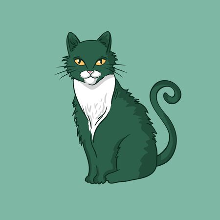 Vector hand-drawn cat isolated on green background.のイラスト素材