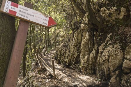 Sign on Amalfi coast the path of gods hike with nearest destinations including Positanoの写真素材