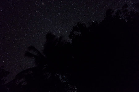 Two falling stars cross each other in nigh sky over the jungle in Banda islands, Maluku, eastern...