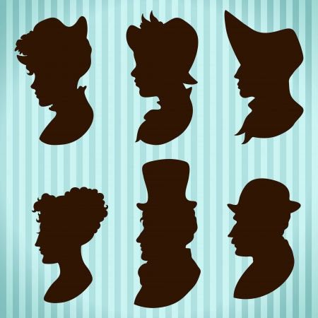 Vintage people hats and hair style silhouettesのイラスト素材