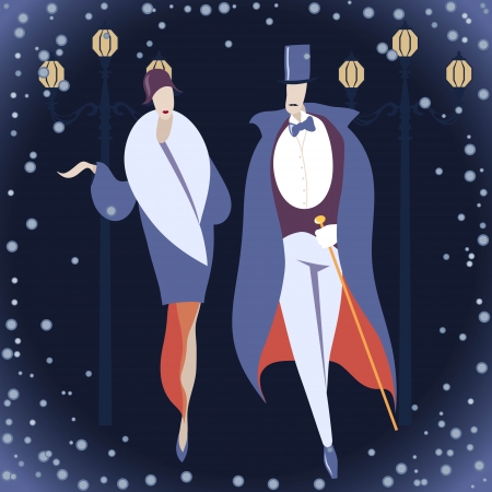 Man and woman in Art deco costumes against winter backgroundのイラスト素材