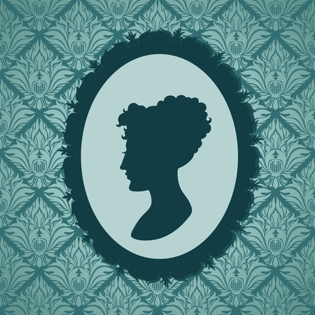 Woman silhouette portrait against vintage wallpapers backgroundのイラスト素材