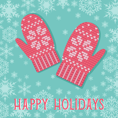 Happy holidays greeting card with knitted mittens and snowflakesのイラスト素材
