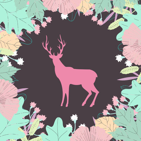 Deer silhouette in floral frame  Colorful vector illustrationのイラスト素材