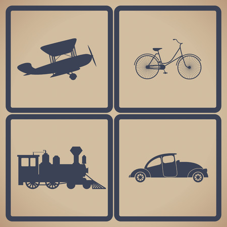 Vintage trasportation set. Steam train, aircraft, cars, bicycle.のイラスト素材