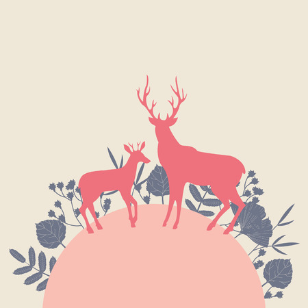 Two deers in forest landscape. Colorful vector illustrationのイラスト素材