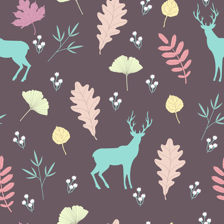 Autumn forest pattern with deer silhouettesのイラスト素材